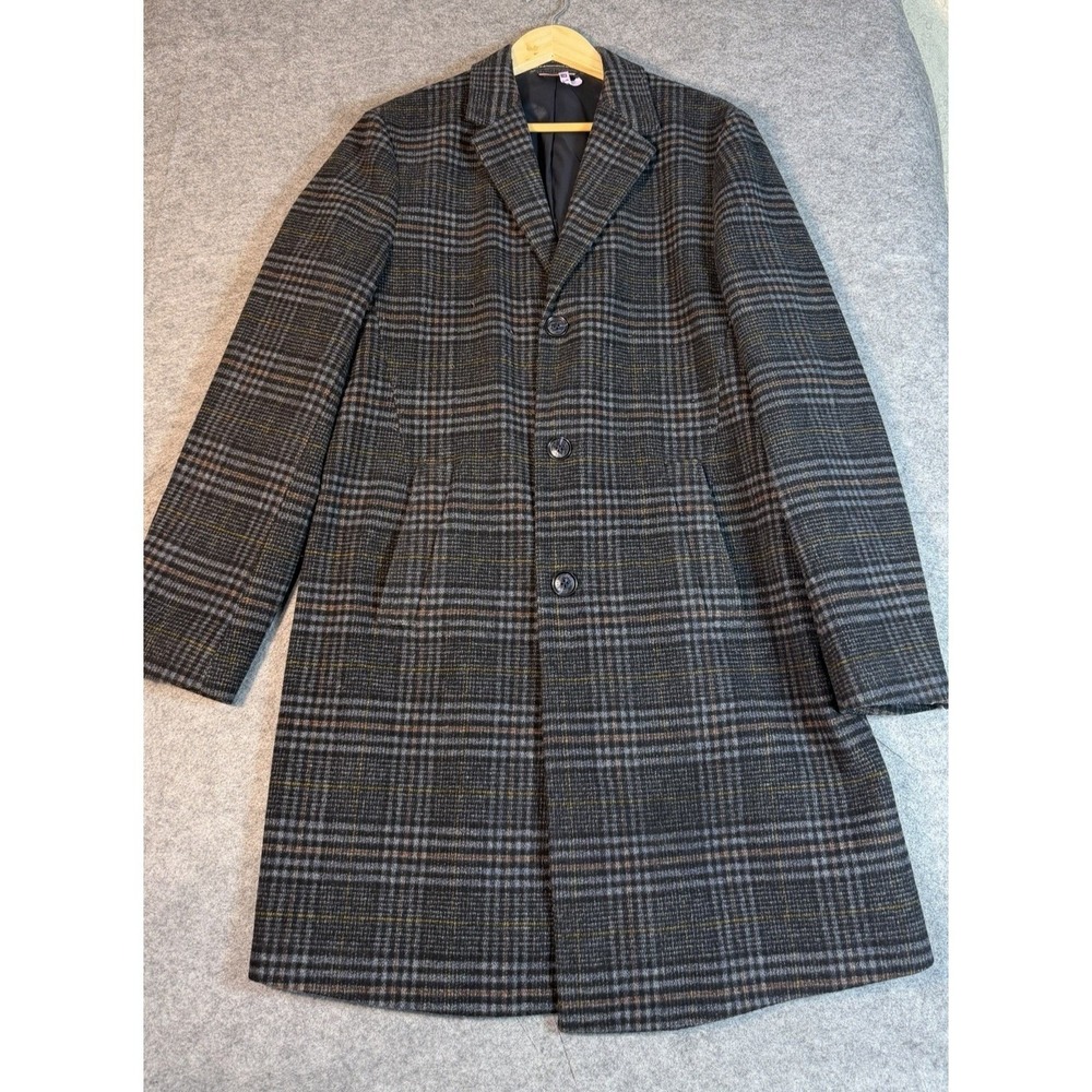 Tommy Hilfiger Men Glen Plaid Overcoat Long Wool Blend Tailored Topcoat Jacket M